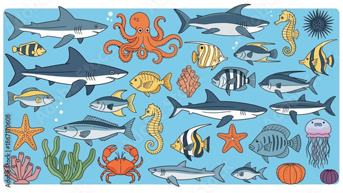 A vibrant and detailed illustration showcasing a diverse collection of marine life and underwater elements.