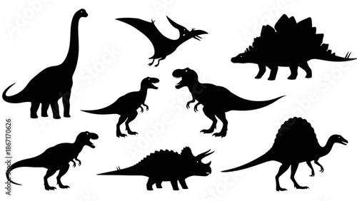 A collection of black dinosaur silhouettes, showcasing various prehistoric creatures in different poses.
