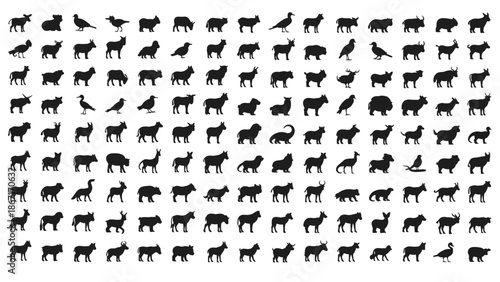 A comprehensive collection of black silhouettes of various animals, including mammals, birds, and farm animals, arranged in a grid.