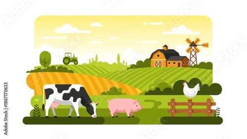 A vibrant illustration of a farm scene with a cow, pig, chicken, tractor, and windmill under a sunny sky.
