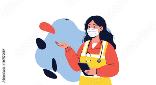 Female doctor or nurse wearing a face mask and a stethoscope, holding a tablet and gesturing against an abstract background.