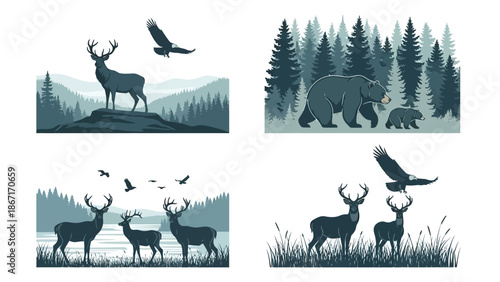 Collection of four stylized illustrations depicting various wild animals in natural forest and mountain landscapes.
