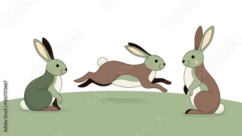 Three cartoon rabbits in different poses on a grassy field with a white background.