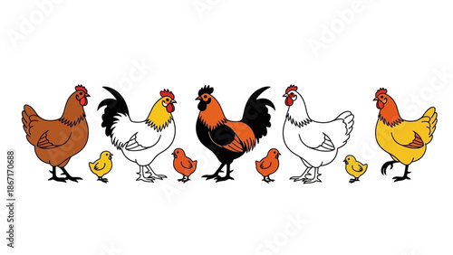A charming illustration of a diverse flock of chickens and chicks, showcasing various breeds and colors in a delightful farmyard scene.