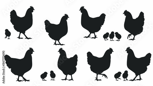 Silhouettes of hens and chicks in various poses, showcasing a farmyard scene with domestic fowl.