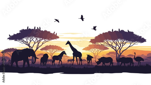 Silhouette of various African animals including elephants, zebras, giraffes, and rhinos against a vibrant sunset sky with acacia trees.