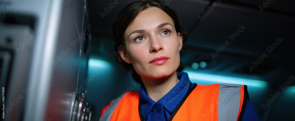 Obraz premium flight attendant checking safety gear in the aircraft cabin