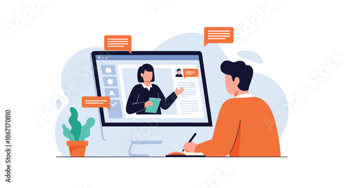 Young man sitting at a computer, engaged in an online class or video interview with a female professional on the screen.