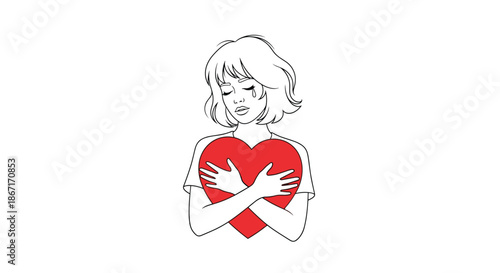 Minimalist line art illustration of a sad, crying woman hugging a large red heart, symbolizing heartbreak, grief, or self-love.