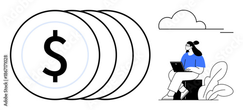 Digital earning. Illustration features dollar symbols and a woman working on a laptop. Digital earning links technology, remote work, and modern financial practices. For fintech, online jobs