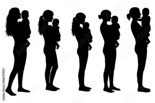 Mother holding baby silhouette set vector illustration