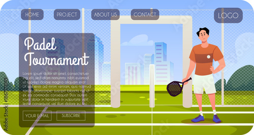 Website page with a man with a racket near a net, with the caption "Padel Tournament."