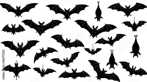 A collection of black bat silhouettes in various flying and hanging poses against a white background.