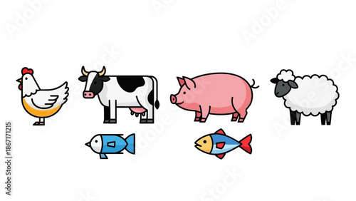 A collection of cartoon farm animals including a chicken, cow, pig, and sheep, along with two fish.