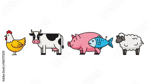 A collection of cartoon farm animals including a chicken, cow, pig, and sheep, with a fish superimposed on the pig.