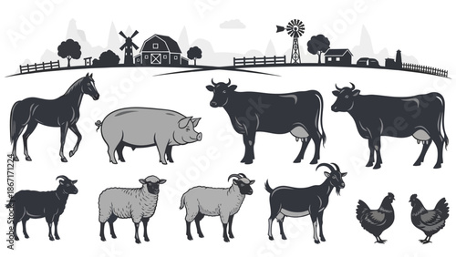 A collection of farm animals including horses, pigs, cows, goats, sheep, and chickens, set against a rural landscape with a barn and windmills.