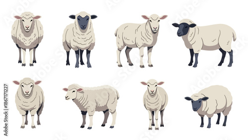 A collection of eight detailed illustrations of sheep, showcasing various breeds and poses from different angles.