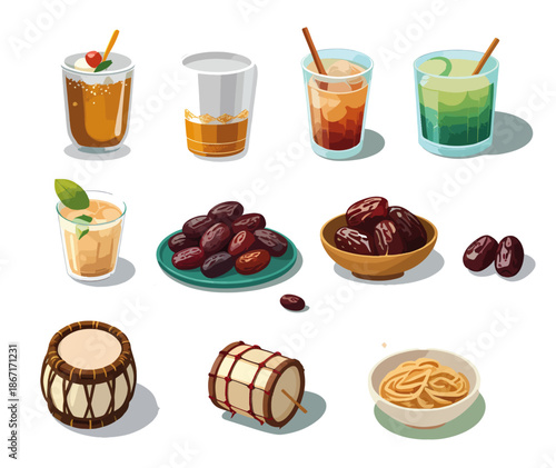 set of Ramadan illustration icons with refreshing drinks, dates, and a mosque drum