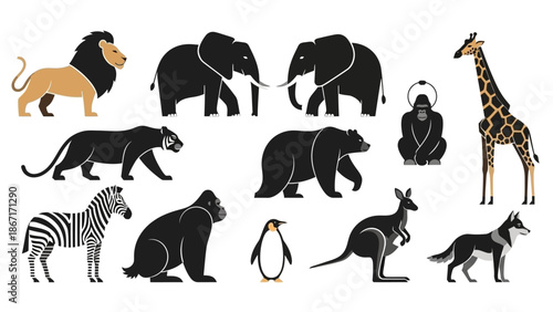 Collection of diverse wild animals depicted in silhouette, including a lion, elephants, a panther, a bear, a gorilla, a giraffe, a zebra, a penguin, a kangaroo, and a wolf.