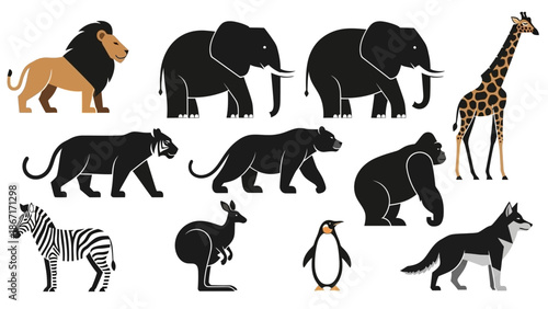 A collection of diverse wild animals including a lion, elephants, a giraffe, a panther, a gorilla, a zebra, a kangaroo, a penguin, and a wolf.