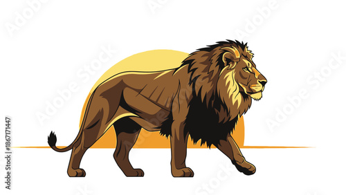 A majestic male lion with a full mane walks confidently in front of a setting sun.