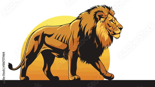 A majestic male lion with a full mane walks confidently in front of a large, stylized sun.