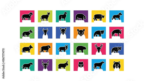 A vibrant grid of colorful squares, each featuring a stylized silhouette of a different farm or wild animal.