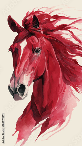 A beautiful brown equine portrait of a stallion with a red mane and a red ribbon on its head standing in a green farm pasture