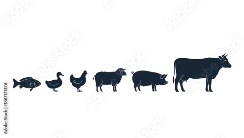 A lineup of farm animals and a fish, ordered by size from smallest to largest, showcasing a progression of domestic creatures.