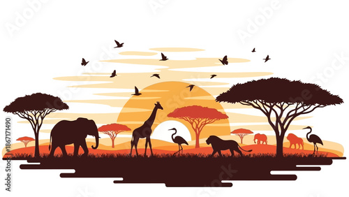 A vibrant African savanna sunset silhouette featuring elephants, giraffes, lions, and birds against a warm, gradient sky.