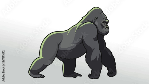 A stylized illustration of a large, muscular gorilla walking with its head turned to the side.