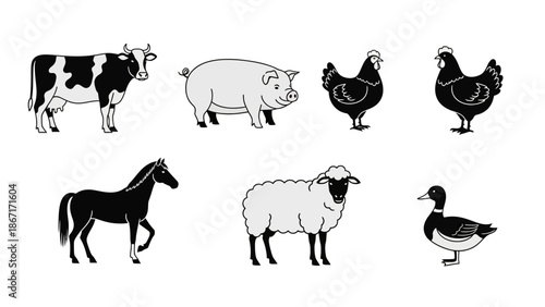 A collection of farm animals including a cow, pig, horse, sheep, chickens, and a duck, presented in a simple, illustrative style.