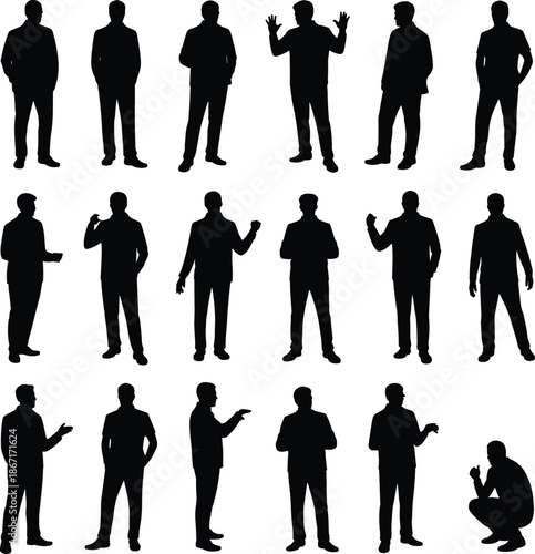 Business, man, silhouettes, collection, male, professional, people, standing, talking, presenting, confident, gestures, black, isolated, modern, human, figures, office, posture, illustration
