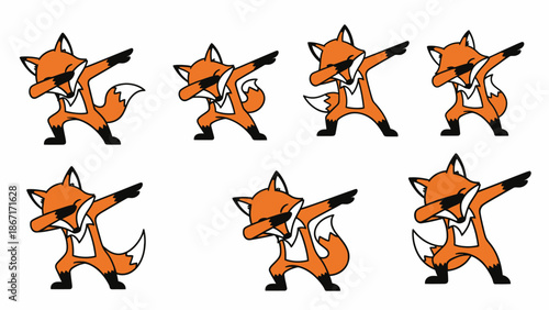 A collection of cartoon foxes doing the dab dance move, presented in a grid formation against a white background.