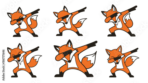 Six cartoon foxes doing the dab dance move, wearing sunglasses, isolated on a white background.