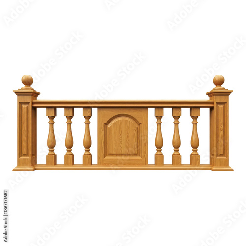 Wooden railing with balusters and decorative posts isolated on transparent background