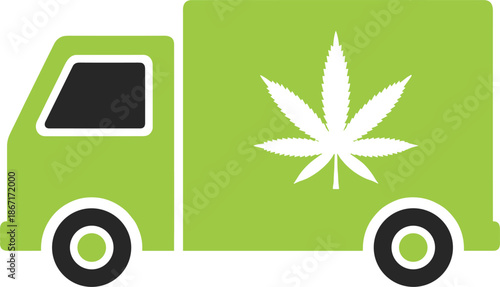 Cannabis delivery truck illustration, marijuana transport vehicle icon, medical weed distribution concept, green eco friendly van, legal cannabis logistics service graphic design
