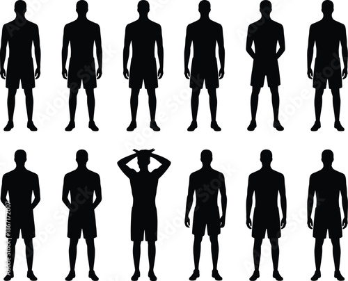 Male human silhouette set with multiple standing poses athletic body figures isolated black vector illustration for design reference collection