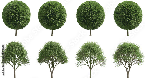 Blue stylized tree vector collection, isolated forest elements, round and spreading canopy designs, nature illustration set, landscaping icons, botanical graphics, eco themed artwork