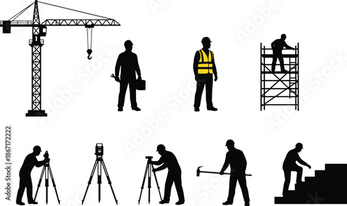Construction worker silhouettes set, crane scaffold surveyor engineer labor safety helmet industrial building work process vector illustration isolated on white background