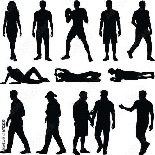 People, silhouettes, men, women, standing, walking, talking, posing, relaxing, casual, lifestyle, activity, sport, communication, teamwork, friendship, outdoor, group, human, figures