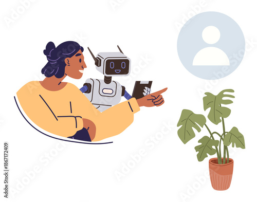 Technology collaboration, communication, robotics, automation, user interaction, digital identity. A woman points while a robot assists, next to a profile icon and a potted plant. Technology