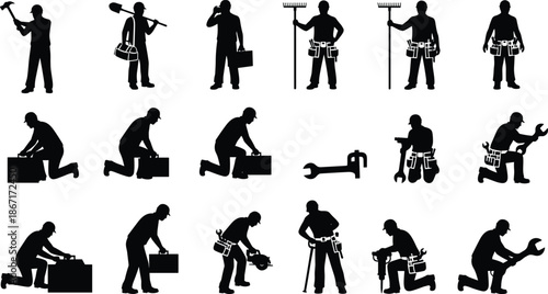 Construction,worker,silhouette,icons,toolbox,maintenance,repair,industrial,people,black,figures,work,profession,plumber,electrician,mechanic,technician,labor,job,collection,set,isolated,white,
