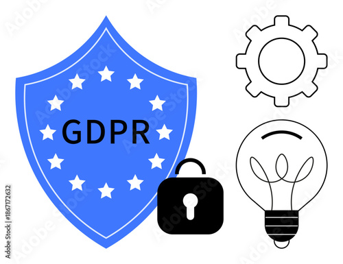Data protection, privacy regulations, compliance, cybersecurity, innovation, EU law. Blue GDPR shield with lock, gear and bulb illustrations. Data protection and privacy regulations concept