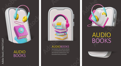 Audiobooks 3D cartoon design vector set, listening to audio books from a smartphone, online library, internet education