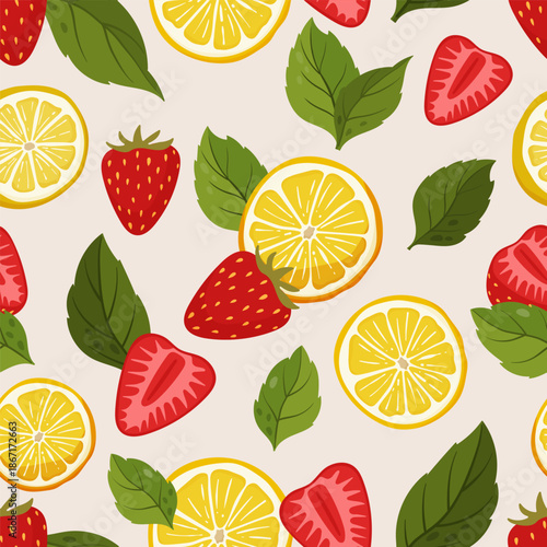 Seamless pattern with lemon slices, strawberries and green leaves in a fresh flat illustration style. Bright fruit background suitable for summer designs, drink and beverage branding, packaging
