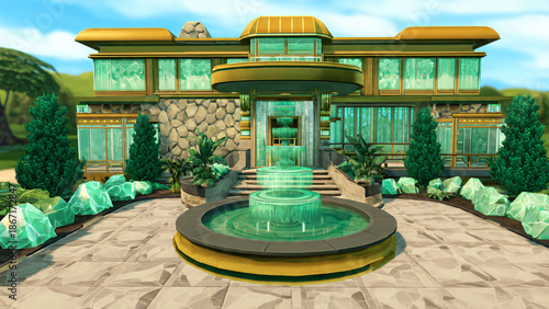 thoughtful節Ancient stone fountains and wooden architecture sit within a lush summer garden in an Asian park under a clear sky