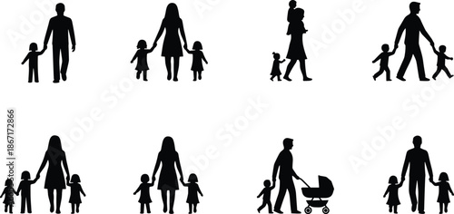 Family silhouettes set parents children walking together isolated icons showing motherhood fatherhood childcare parenting lifestyle vector illustration concept design collection black white background