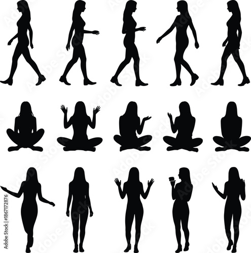 Female silhouette poses collection showing walking sitting standing gestures woman body shapes black vector illustration isolated white background