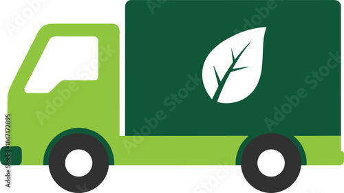 Eco friendly green delivery truck, electric transportation icon, sustainable logistics environmental shipping vehicle leaf symbol clean energy business eco cargo transport illustration flat design